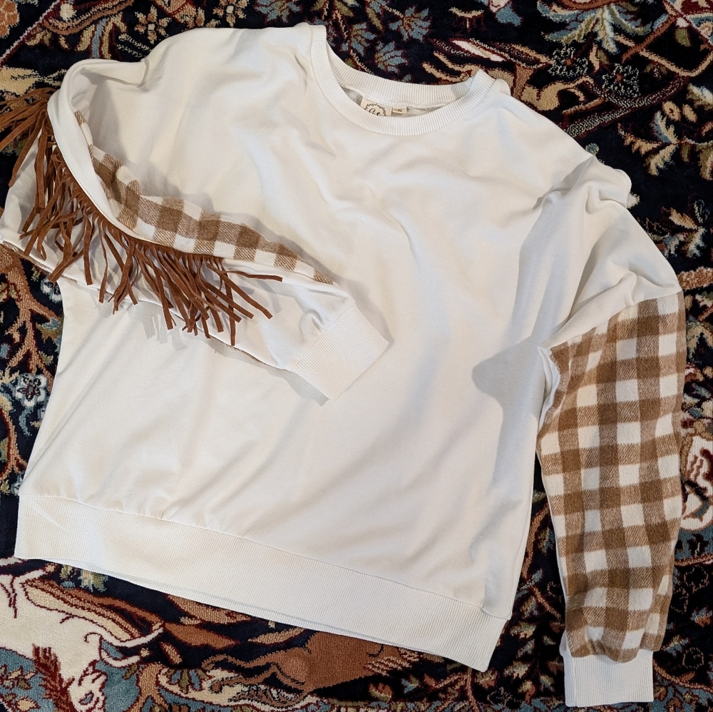Sweater with Fringe and Buffalo Check Sleeve